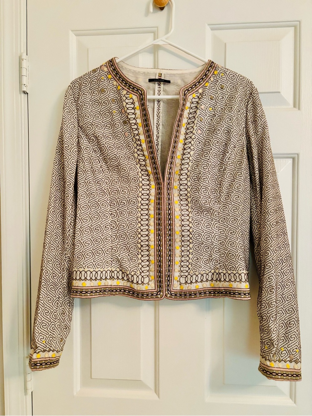 Elie Tahari Cream & Brown Embroidered Open-Front Jacket 68% Cotton 32% Silk.